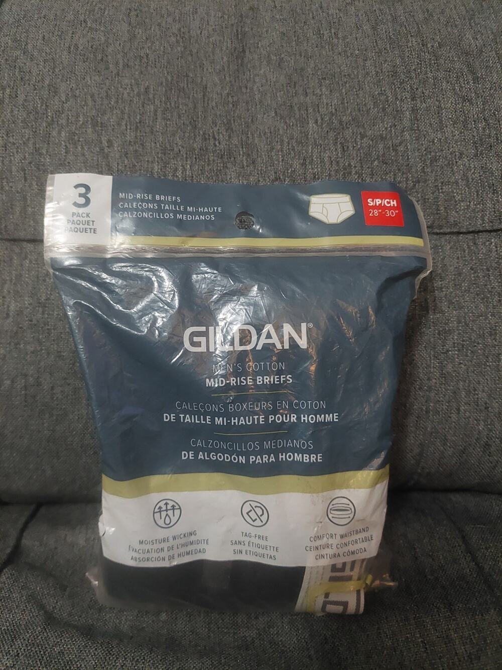 Gildan Men's Cotton Mid Rise Briefs Sz Small 3-Pack Black/Gray/Light Gray New